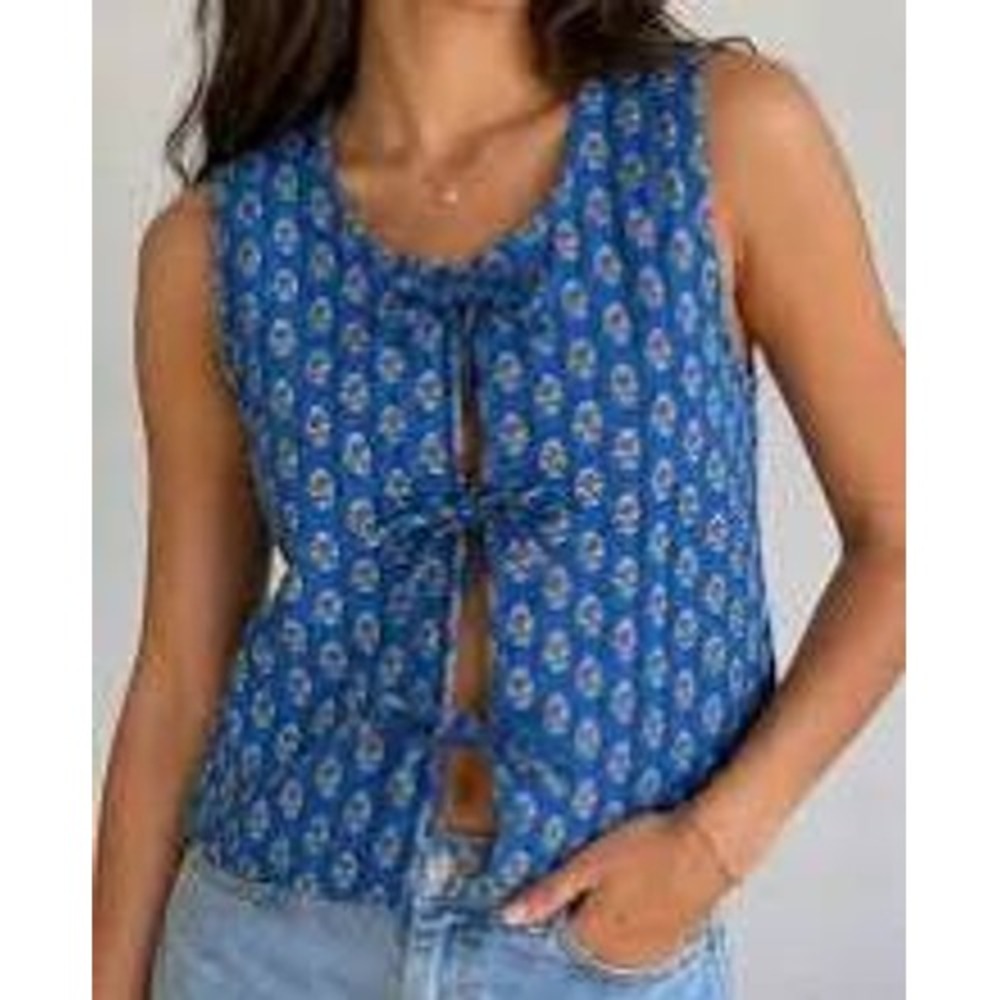 Japna Vest Quilted Floral Tie Front 100% Cotton Women's M Blue Cottagecore Boho